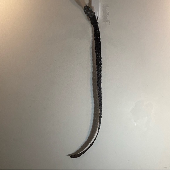 BELT Black Braided Vegan Leather Metal Oval Buckle with Blue Stones Pin Closure - Picture 2 of 8